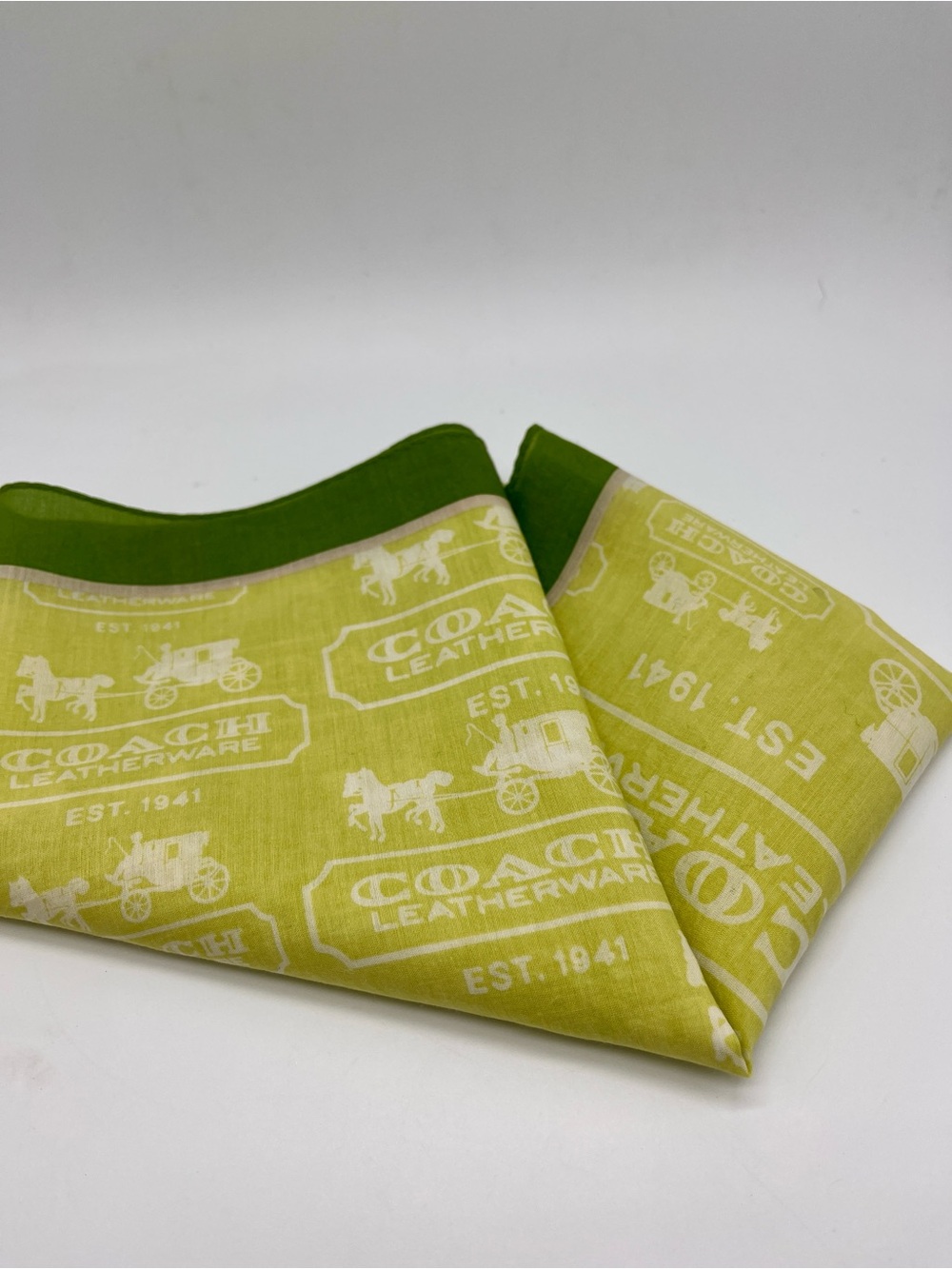 Coach Logo Scarf Summer weight Cotton in Yellow White and Green 20” Square - Picture 2 of 4